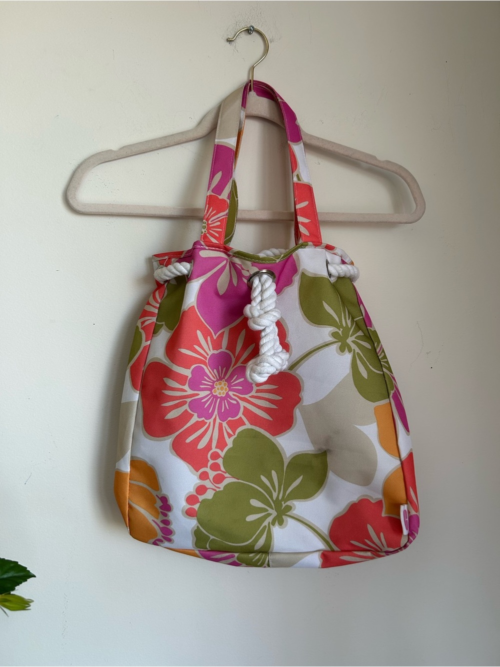 Floral Rope-Handle Beach Tote - Pink, Green & Orange